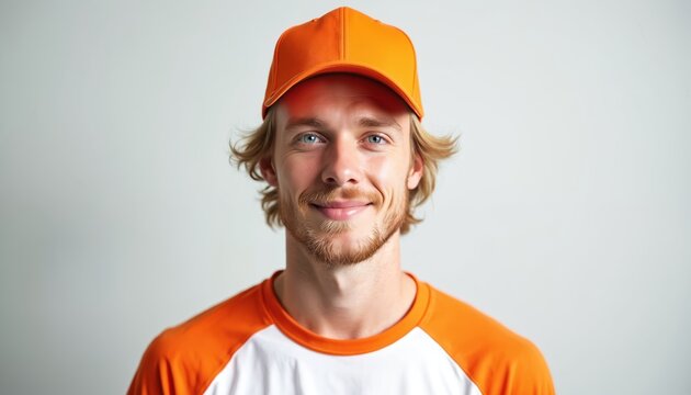 Young man with blond hair wears orange cap and shirt. He smiles at camera in studio portrait. Simple background highlights his face. Professional headshot for work or leisure.