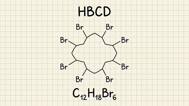 Hexabromocyclododecane chemical structure with molecular formula on graph paper background