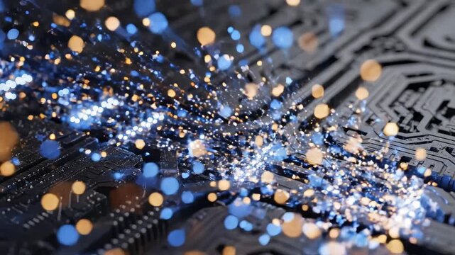 Closeup of a circuit board with glowing particles ideal for creative backgrounds and modern web design