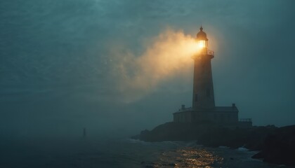 Obraz premium Ancient lighthouse glows through thick fog on rocky coast. Light beam cuts mist guiding ships through dark stormy ocean. Maritime beacon warns ships.