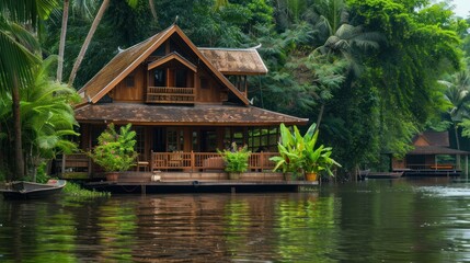 Obraz premium Wooden house by the water tropical setting