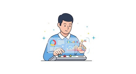 Fototapeta premium Young man interacting with a futuristic holographic interface displaying charts and data analytics