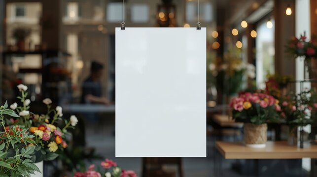 Blank Poster Mockup Hanging in Elegant Flower Shop Window with Soft Light, Ideal for Floral Boutique Promotions and Retail Display Advertising