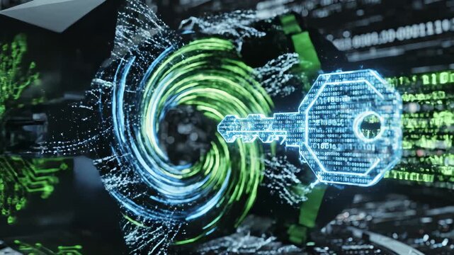 Digital security concept with key and circuit cube perfect for IT presentations and tech marketing