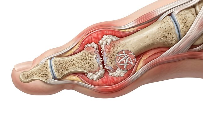 Gout crystals and inflammation in big toe joint anatomy