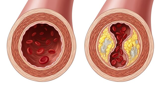 Comparison of healthy and clogged artery with plaque buildup