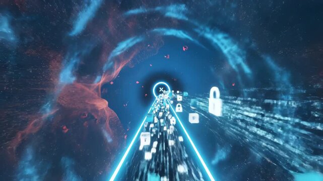 Abstract space tunnel with glowing elements ideal for creative backgrounds and modern web design