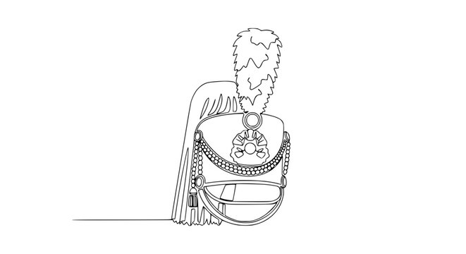 Elegant military bicorne hat with plume and chain detail, continuous line drawing