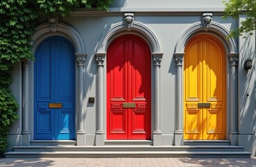 Fototapeta premium Three colorful doors blue, red and yellow, stand side by side in a row. Each door features classic paneling and brass mail slots. Green ivy climbs the left side of the building.