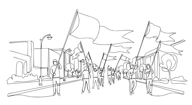 Protest march with blank flags on city street, continuous line drawing
