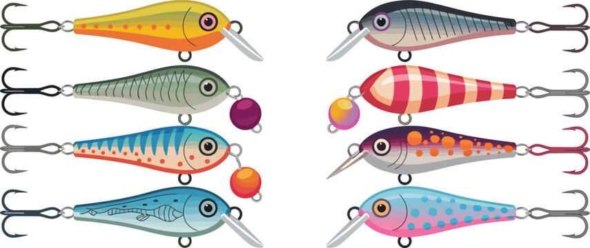 Colorful fishing lures hanging on hooks