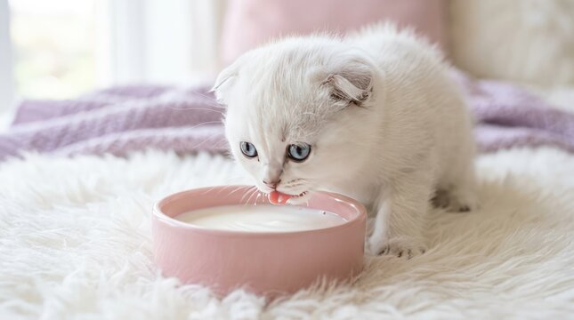 A white kitten licks milk from a pink bowl on a fluffy rug indoors.