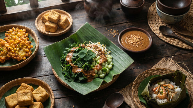 Top view of authentic Indonesian pecel semanggi with peanut sauce, traditional healthy vegetable salad served with rustic side dishes on wooden table.