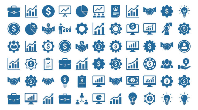 Blue Business, Finance, and Analytics Flat Glyph Icon Set