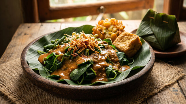 Ultra realistic Indonesian pecel vegetable salad with peanut sauce served in rustic plate with traditional side dishes and warm natural lighting.