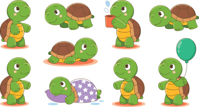 Cartoon baby turtles in playful and cute poses