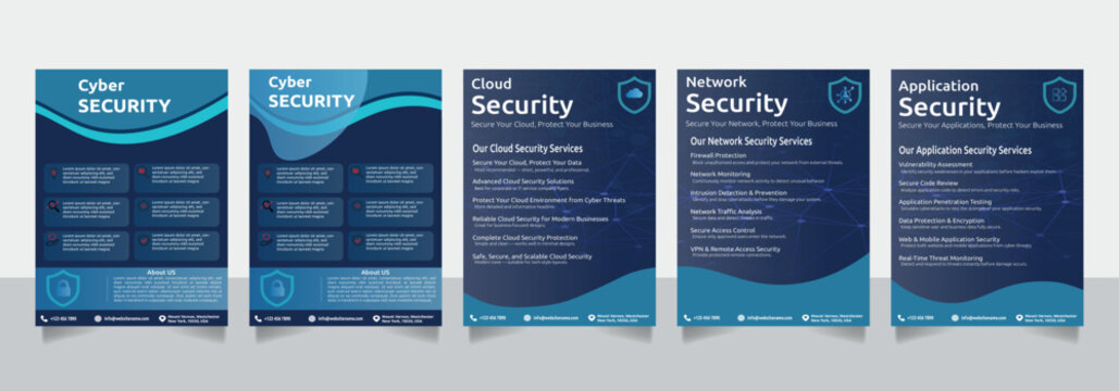 Cybersecurity Flyers with Network, Cloud, Application Icons in a Digital Grid