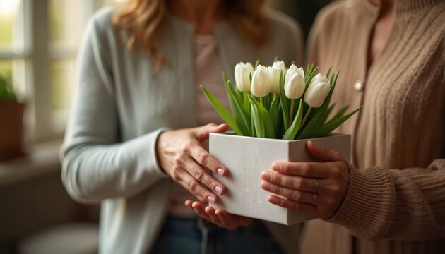 Two women hold a white flower pot with tulips. One woman gives a gift to another. Shared moment of affection and appreciation between women.