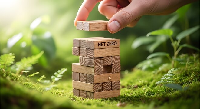 Hand placing net zero block on unstable wooden tower in forest