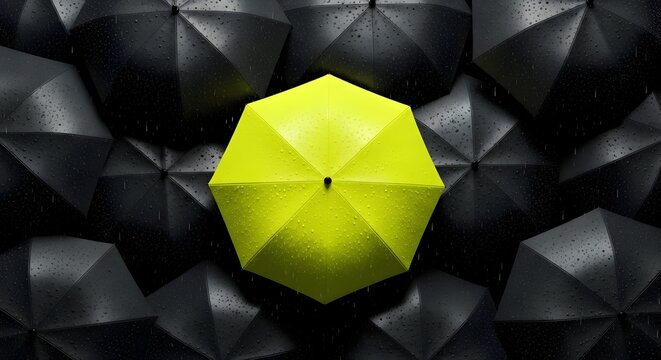 Bright yellow umbrella stands out amongst dark rain umbrellas