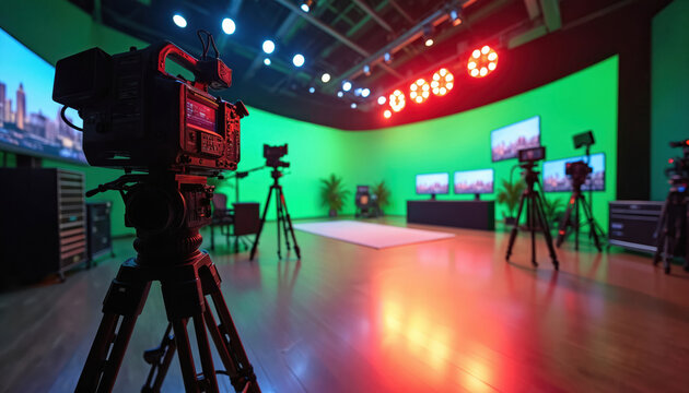 Professional film studio setup with chroma key green screen background, advanced camera equipment on tripods ready for production. Lights illuminate empty stage, monitors display cityscapes for