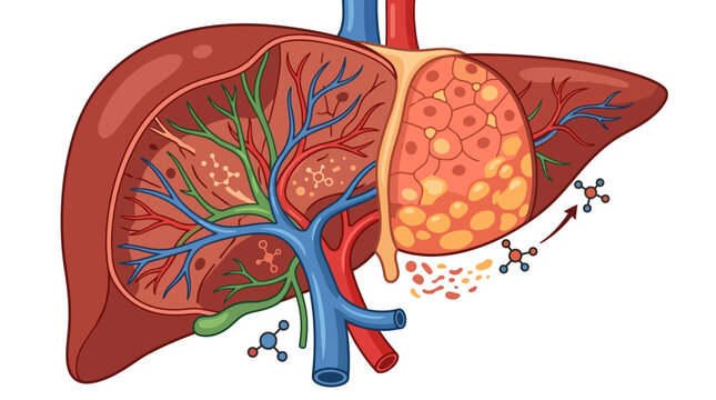 Anatomical 2D illustration of a human liver showing internal blood vessels, hepatic portal system, gallbladder, and a diseased section representing fatty liver disease or cirrhosis.