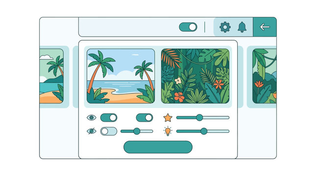 Flat 2D vector illustration of a software user interface dashboard displaying a photo gallery modal with beach and jungle images, adjustable sliders, toggle switches, and icons.