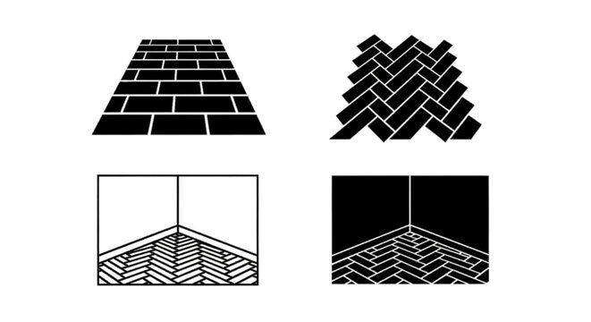 Minimal black silhouette icon, simple flat vector, bold black shape, no, no shading set of floor tile patterns, herringbone and brick layout icons on a, flat icon style