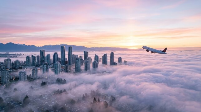 Aerial View of Cityscape Above Clouds with Airplane Taking Off at Sunset