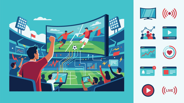 Vector illustration depicting a live soccer match broadcast on a large digital screen within a stadium, featuring fans, data visualizations, and an icon set for streaming analytics.