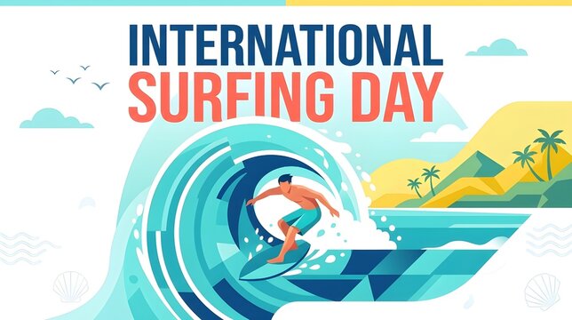 International Surfing Day Flat Vector Illustration with Dynamic Surfer Riding Ocean Wave and Modern Coastal Design