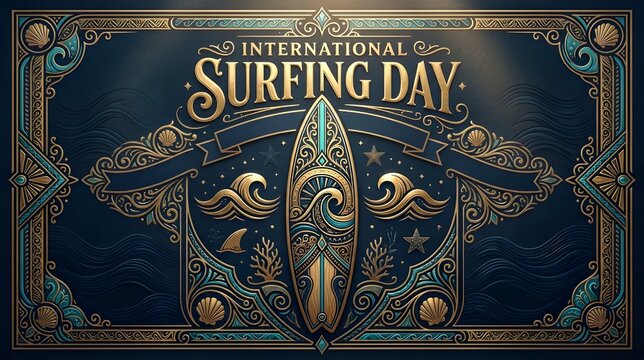 International Surfing Day Luxury Gold Typography Illustration with Premium Ocean Inspired Design