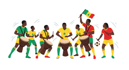 Fototapeta premium Senegalese football fans playing drums and waving flag, flat vector illustration on white backdrop