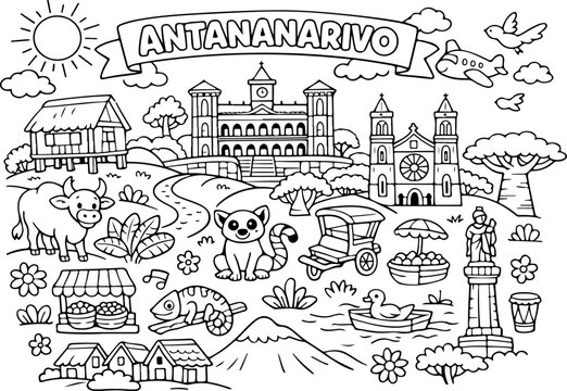 Antananarivo Madagascar cartoon outline hand drawn Line Art illustration doodle art coloring page for kids