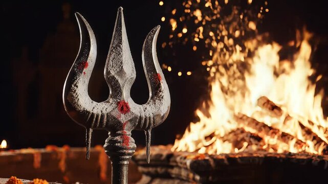 Sawan shivratri ritual with sacred Shiva Trishul and holy fire night