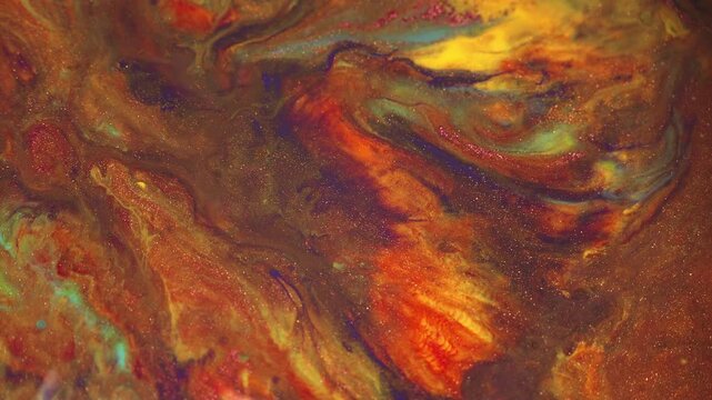 Abstract Motion Macro Acrylic Footage Cinematic Background with copper Red Gold Orange Yellow Fluid Colors, fluid art video