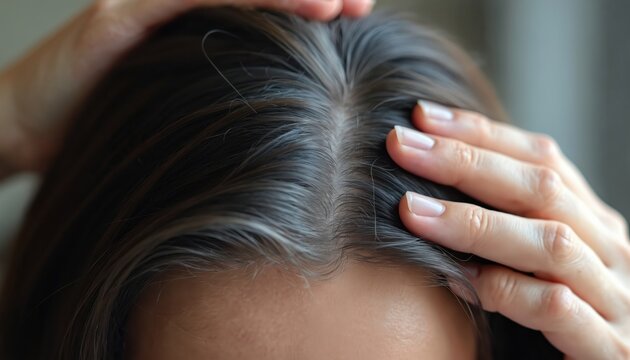 Woman checks grey hair roots at home. Close-up of person examining hair growth, scalp condition, considering hair care solutions for smooth shine.