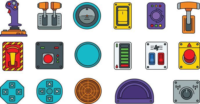 Industrial Control Panel and Gaming Interface Icon Set Featuring Joystick Switch Buttons Dashboard Console and Electronic Control System Symbols for Technology Design Projects
