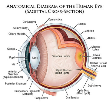 Anatomical diagram of the human eye sagittal cross-section with vitreous humor, eye parts