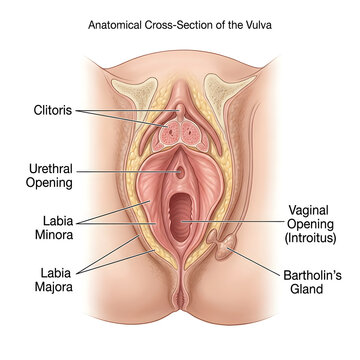 Anatomical cross-section of the female vulva and reproductive organs with vulva anatomy
