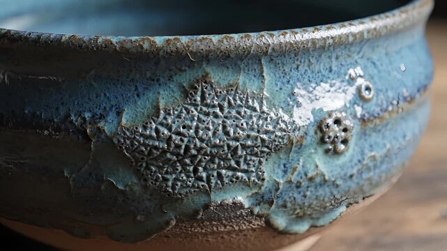 Close up of a textured blue ceramic bowl with intricate details.