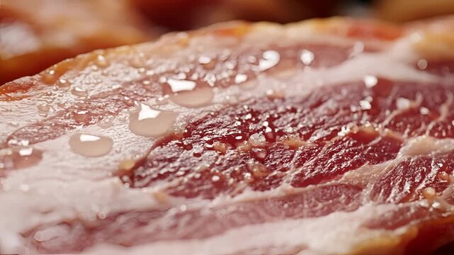 Closeup Macro Shot of Delicious Raw Bacon Strips with Fat and Meat Texture.