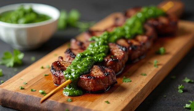 Grilled beef skewer with bright green chimichurri sauce. Savory meat rests on rustic wooden board. Fresh herb garnish adds color. Delicious meal presentation for dining.