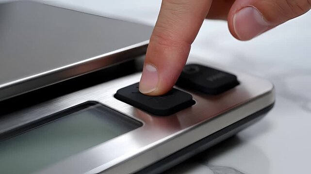 Closeup of a finger pressing a button on a digital kitchen scale.