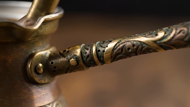 Closeup of an ornate antique brass coffee pot handle with intricate carvings.