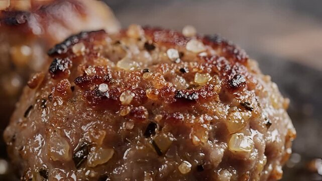 Closeup of a perfectly grilled gourmet burger patty seasoned with coarse salt and black pepper.