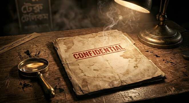 An old confidential file folder with a lamp lying on the detective's desk.