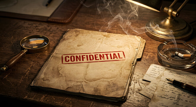 An old confidential file folder with a lamp lying on the detective's desk.