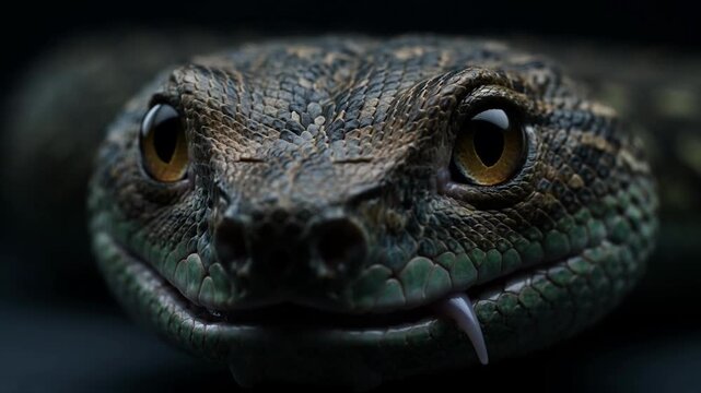 Close up of a monitor lizard face with yellow eyes on black background