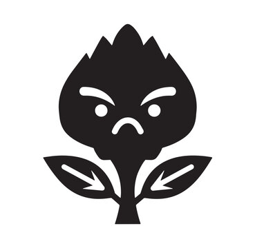 Angry plant character silhouette icon grumpy leaf face with frown and eyebrows graphic stylized nature mascot illustration character